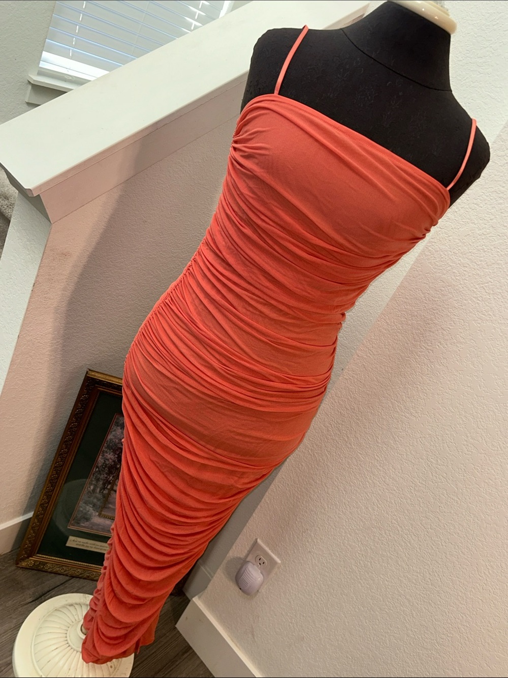 VENUS Coral Ruched Maxi Slip Dress with Spaghetti Straps
